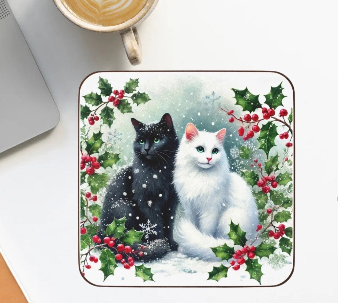 Winter Holly Hugs - Cat lover - Hardboard Back Coaster   