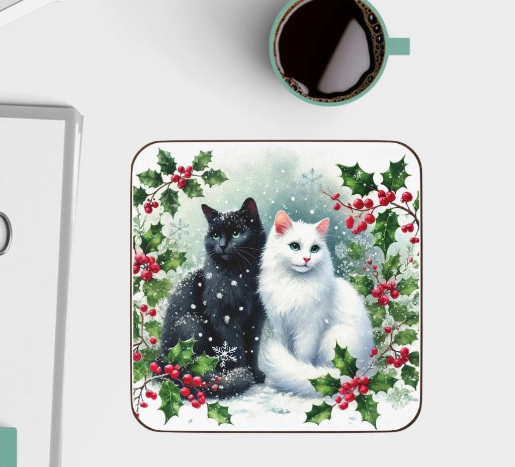 Winter Holly Hugs - Cat lover - Hardboard Back Coaster   