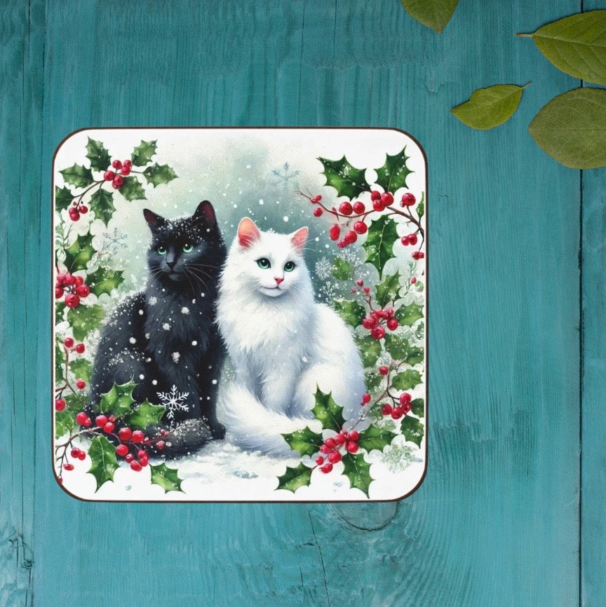 Winter Holly Hugs - Cat lover - Hardboard Back Coaster   