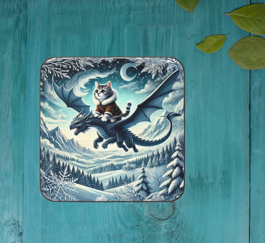 Winter Dragon Flight - Cat lover - Hardboard Back Coaster   