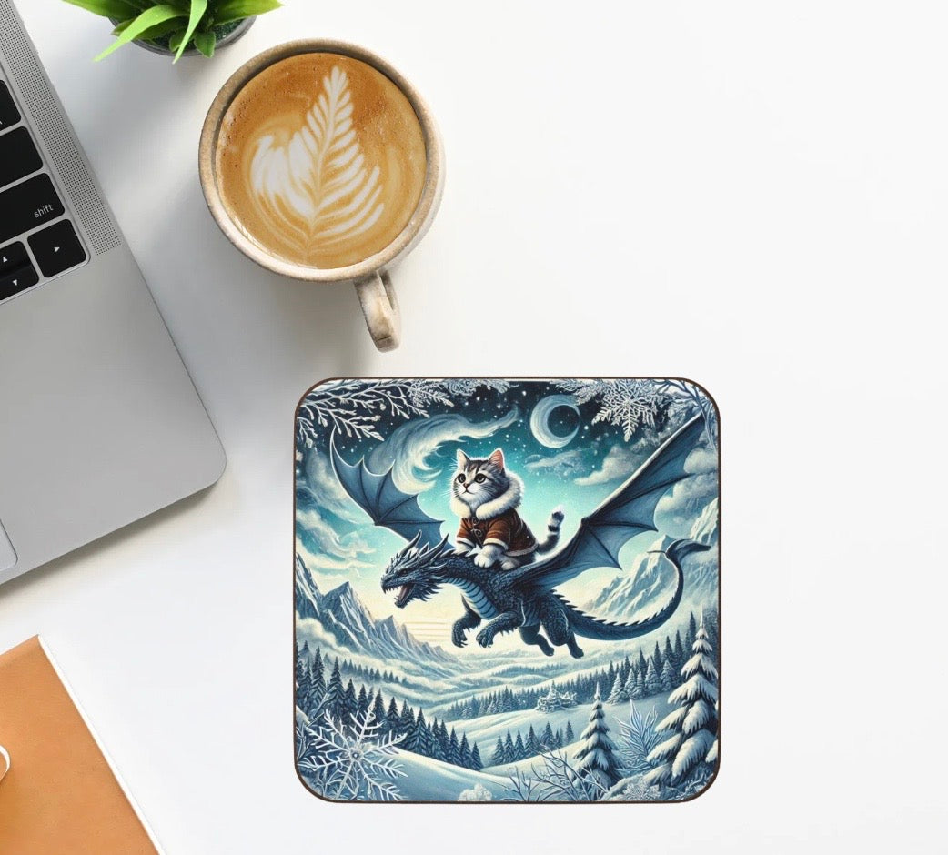 Winter Dragon Flight - Cat lover - Hardboard Back Coaster   