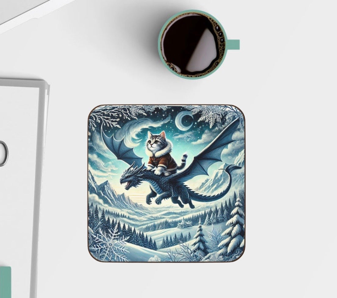 Winter Dragon Flight - Cat lover - Hardboard Back Coaster   