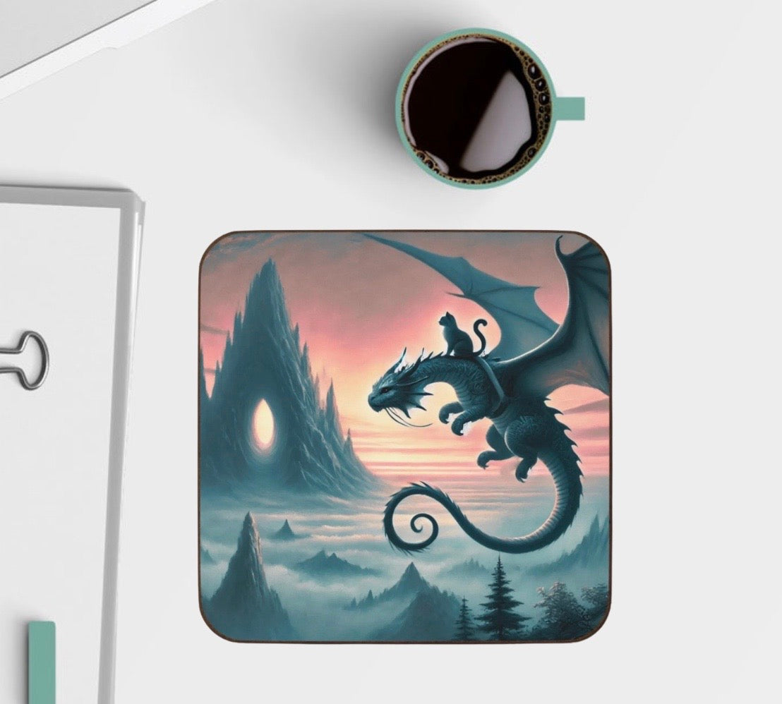 Dragon Sunset Flight - Cat lover - Hardboard Back Coaster   