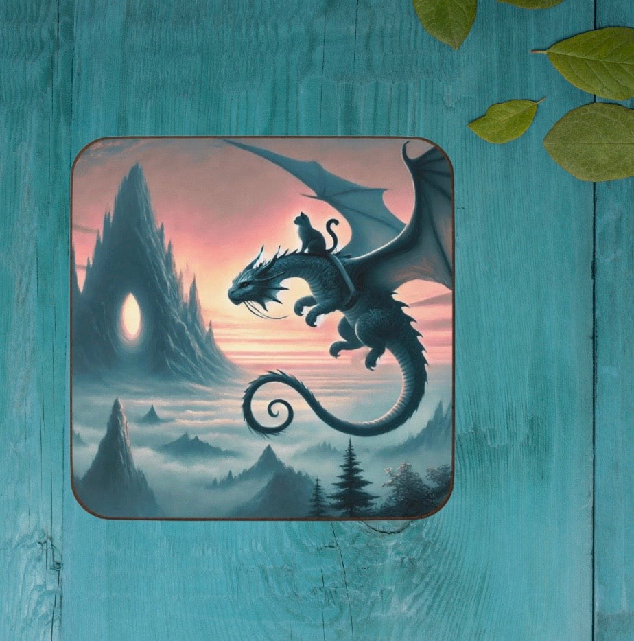 Dragon Sunset Flight - Cat lover - Hardboard Back Coaster   