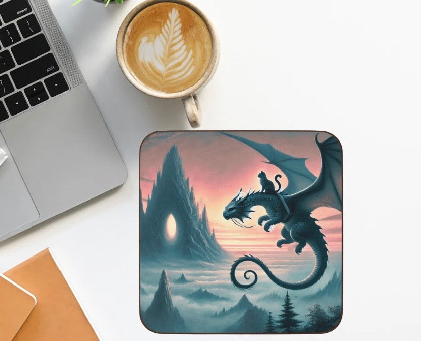 Dragon Sunset Flight - Cat lover - Hardboard Back Coaster   