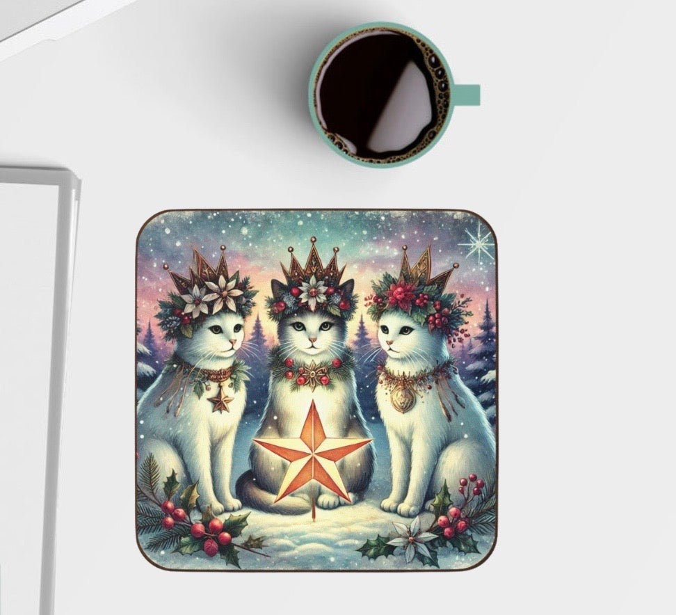 Winter Solstice - Cat lover - Hardboard Back Coaster   