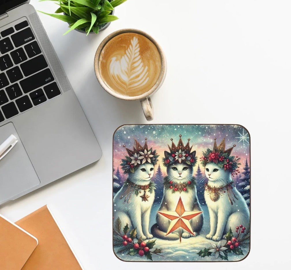 Winter Solstice - Cat lover - Hardboard Back Coaster   