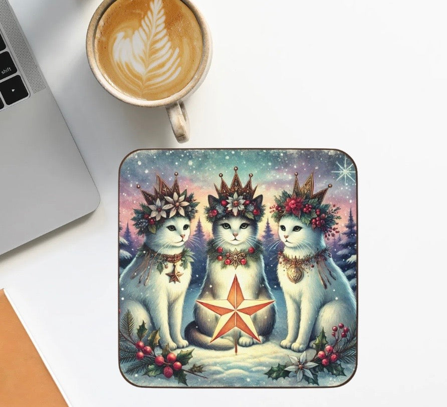 Winter Solstice - Cat lover - Hardboard Back Coaster   