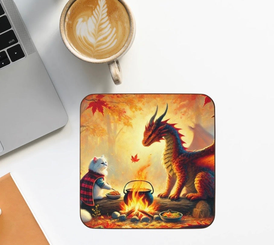 Fall Dragon Adventures - Cat lover - Hardboard Back Coaster   