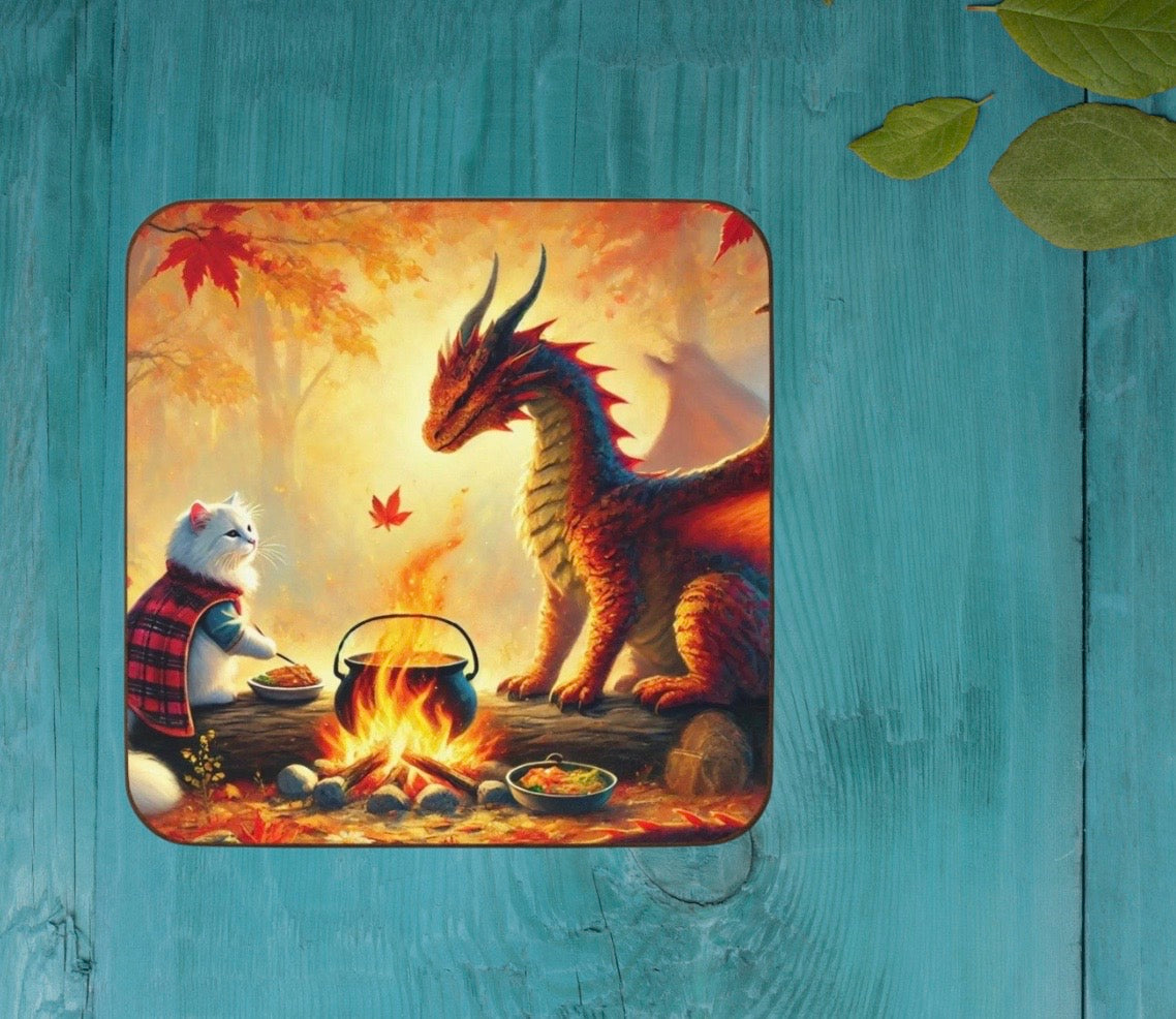 Fall Dragon Adventures - Cat lover - Hardboard Back Coaster   