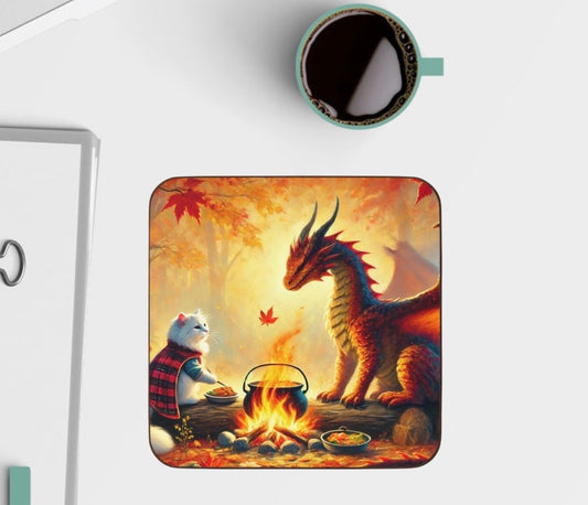 Fall Dragon Adventures - Cat lover - Hardboard Back Coaster   