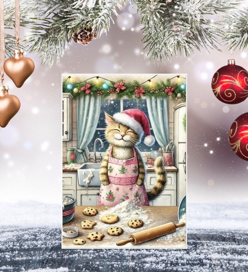 Making Christmas Cookies - Cat Lover - Pack of 10 Greeting Cards   