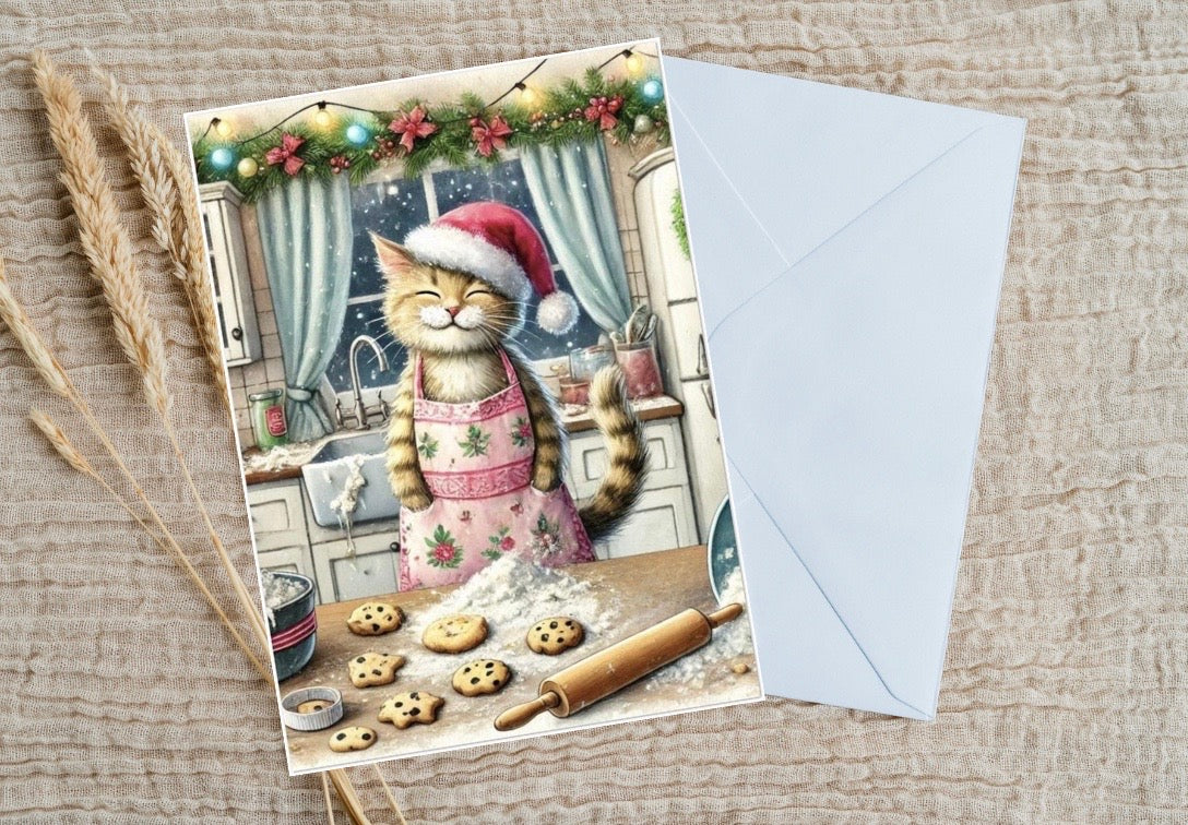 Making Christmas Cookies - Cat Lover - Pack of 10 Greeting Cards   