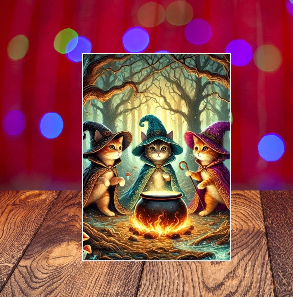 Cat Witches Cauldron - Pack of 10 Blank Halloween Greeting Cards   