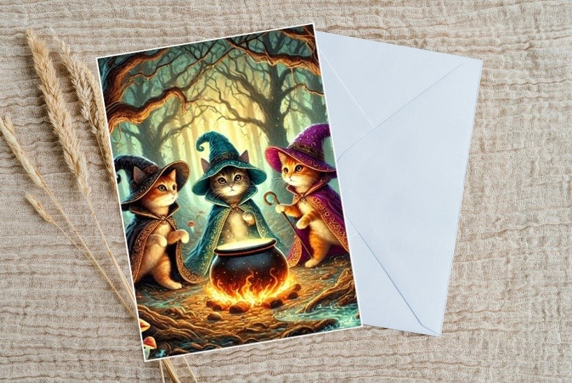 Cat Witches Cauldron - Pack of 10 Blank Halloween Greeting Cards   