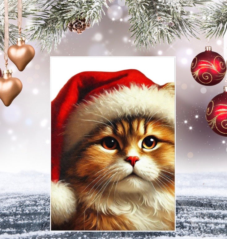 Santa Cat - Pack of 10 Blank Holiday Greeting Cards   