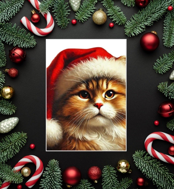 Santa Cat - Pack of 10 Blank Holiday Greeting Cards   