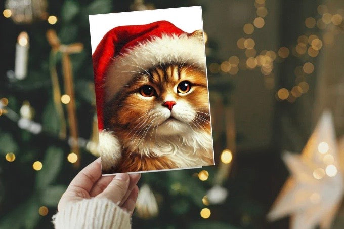 Santa Cat - Pack of 10 Blank Holiday Greeting Cards   