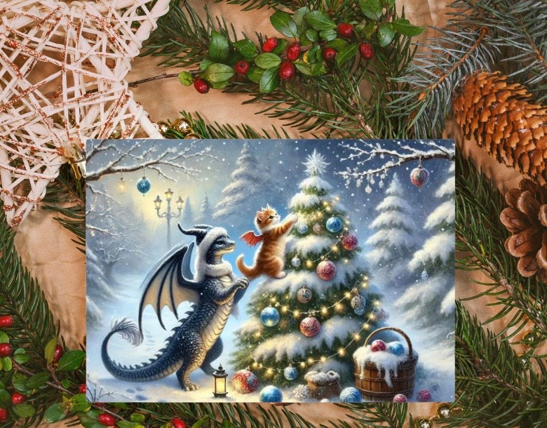 Dragon - Tree Decorating - Cat Lover - Pack of 10 Blank Greeting Cards   