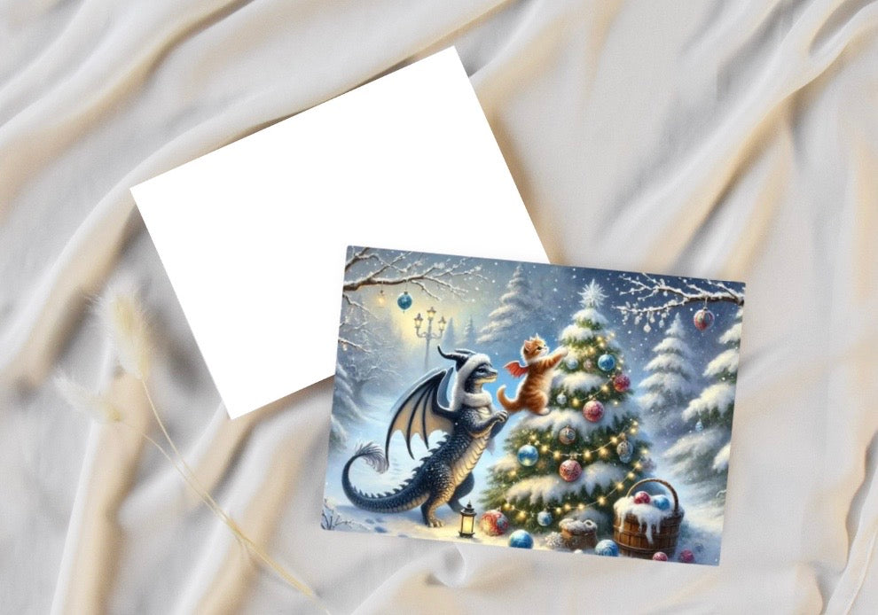 Dragon - Tree Decorating - Cat Lover - Pack of 10 Blank Greeting Cards   