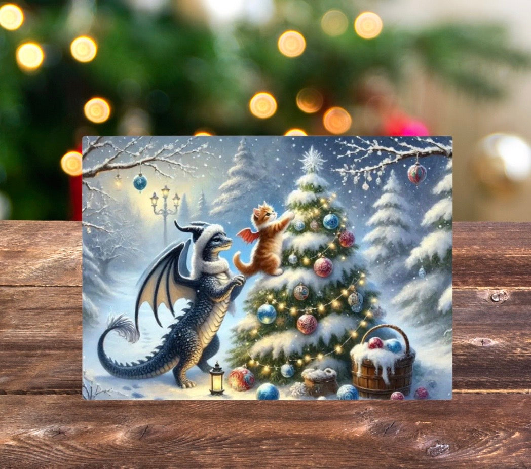 Dragon - Tree Decorating - Cat Lover - Pack of 10 Blank Greeting Cards   