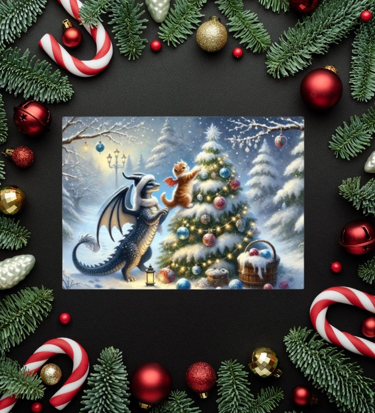 Dragon - Tree Decorating - Cat Lover - Pack of 10 Blank Greeting Cards   