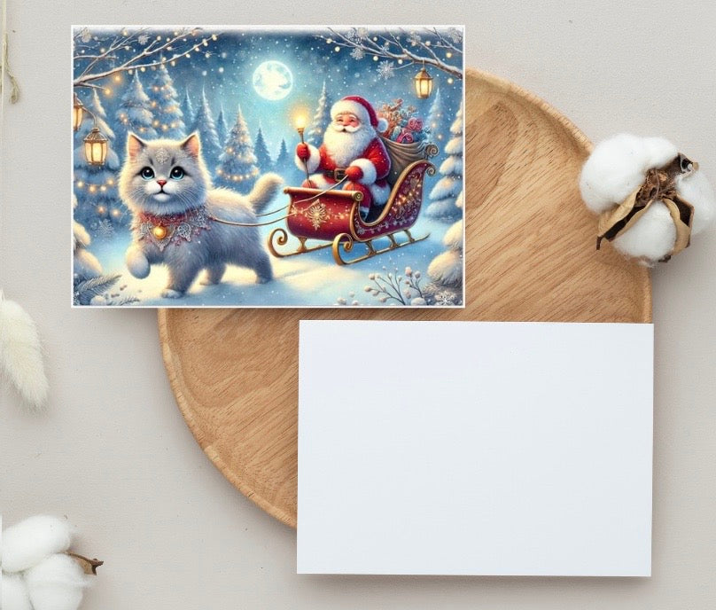 Cat Magic Sleigh - Pack of 10 Blank Holiday Greeting Cards   