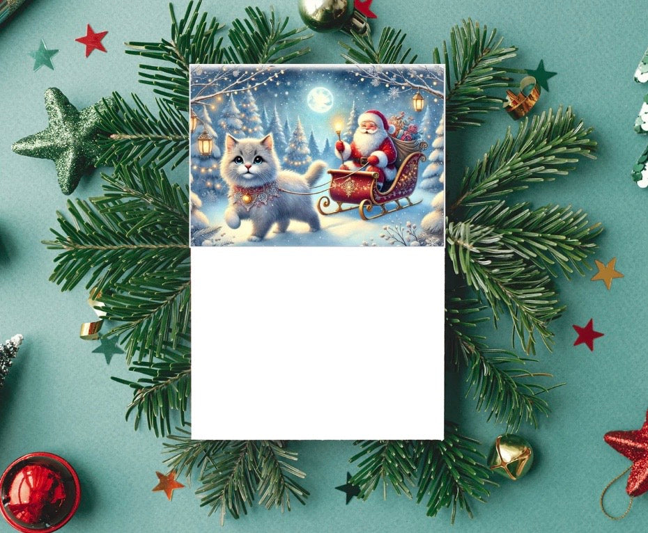 Cat Magic Sleigh - Pack of 10 Blank Holiday Greeting Cards   