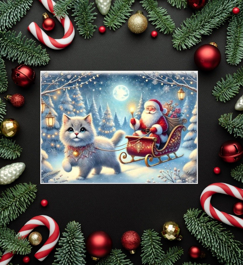 Cat Magic Sleigh - Pack of 10 Blank Holiday Greeting Cards   