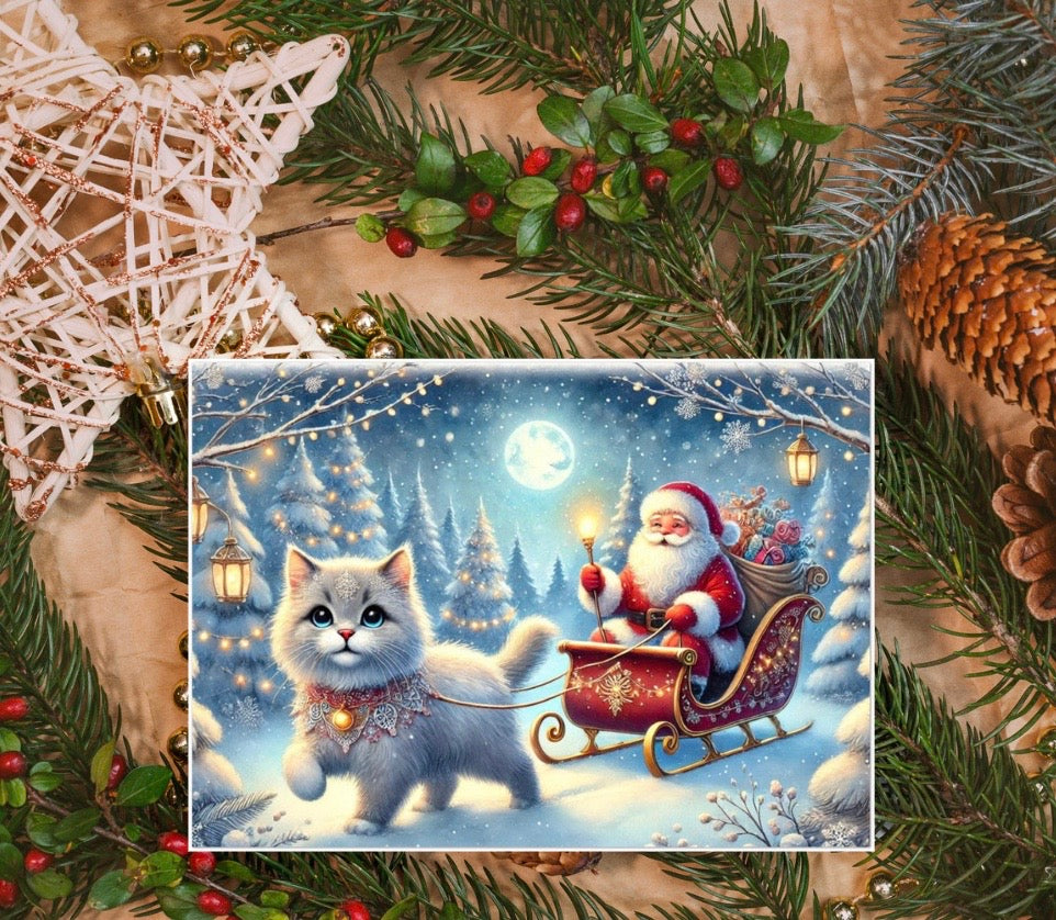 Cat Magic Sleigh - Pack of 10 Blank Holiday Greeting Cards   