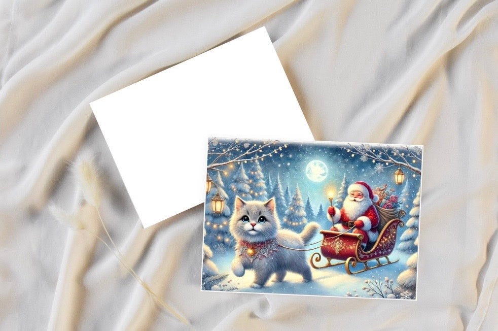 Cat Magic Sleigh - Pack of 10 Blank Holiday Greeting Cards   