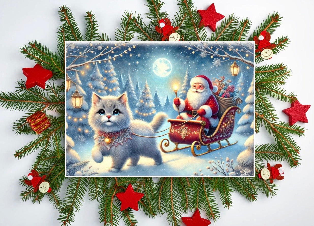 Cat Magic Sleigh - Pack of 10 Blank Holiday Greeting Cards   