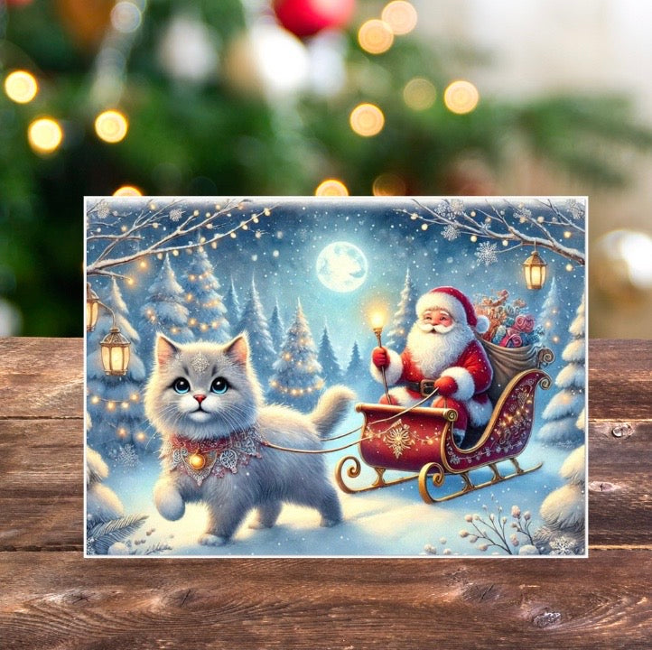 Cat Magic Sleigh - Pack of 10 Blank Holiday Greeting Cards   