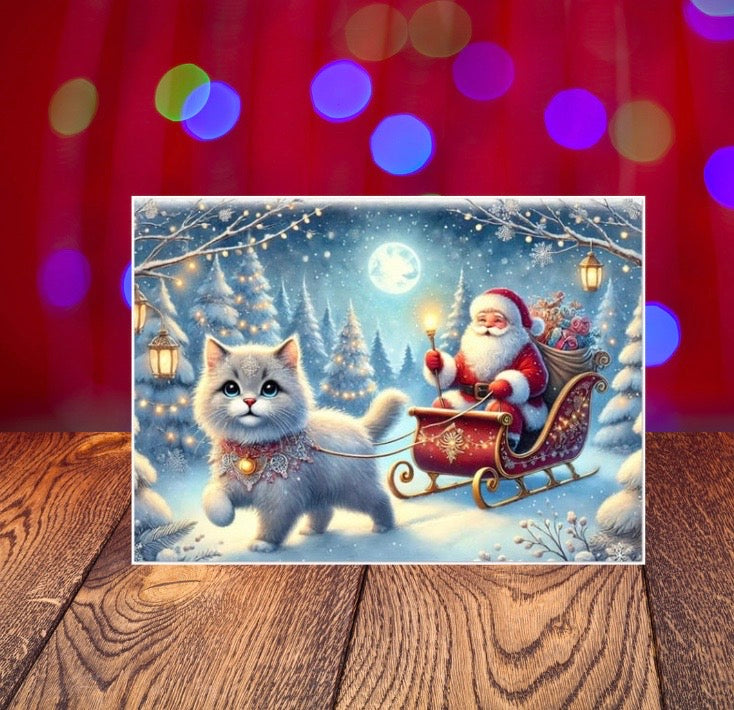 Cat Magic Sleigh - Pack of 10 Blank Holiday Greeting Cards   