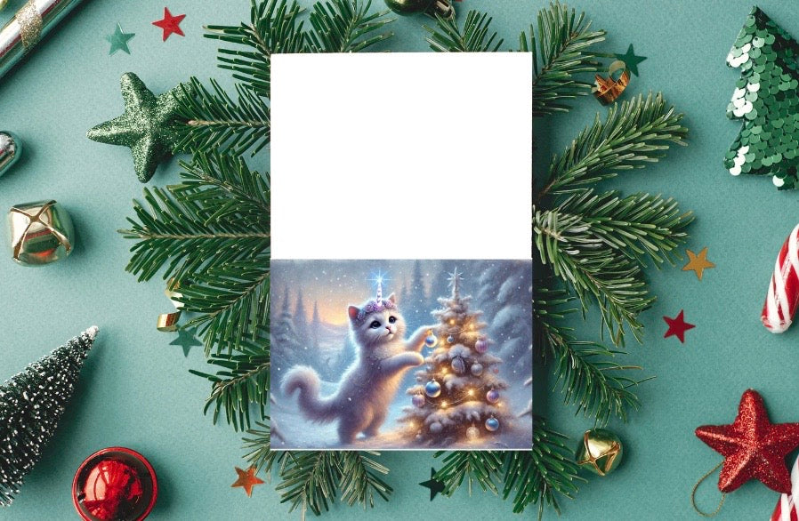 Caticorn Tree Lighting - Cat Unicorn - Pack of 10 Blank Holiday Greeting Cards   