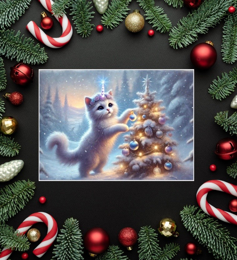 Caticorn Tree Lighting - Cat Unicorn - Pack of 10 Blank Holiday Greeting Cards   