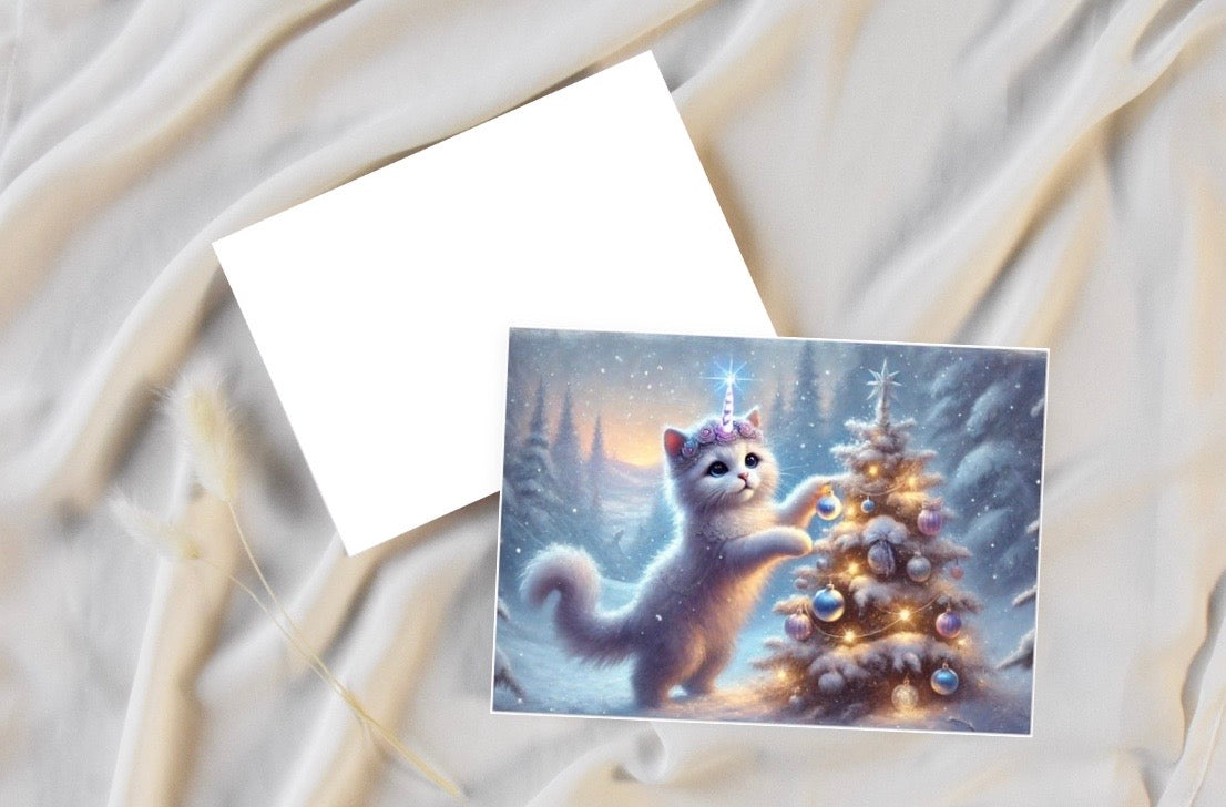 Caticorn Tree Lighting - Cat Unicorn - Pack of 10 Blank Holiday Greeting Cards   