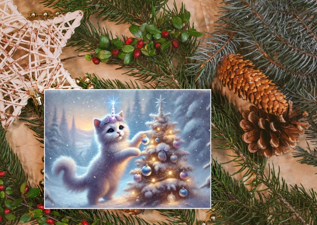 Caticorn Tree Lighting - Cat Unicorn - Pack of 10 Blank Holiday Greeting Cards   