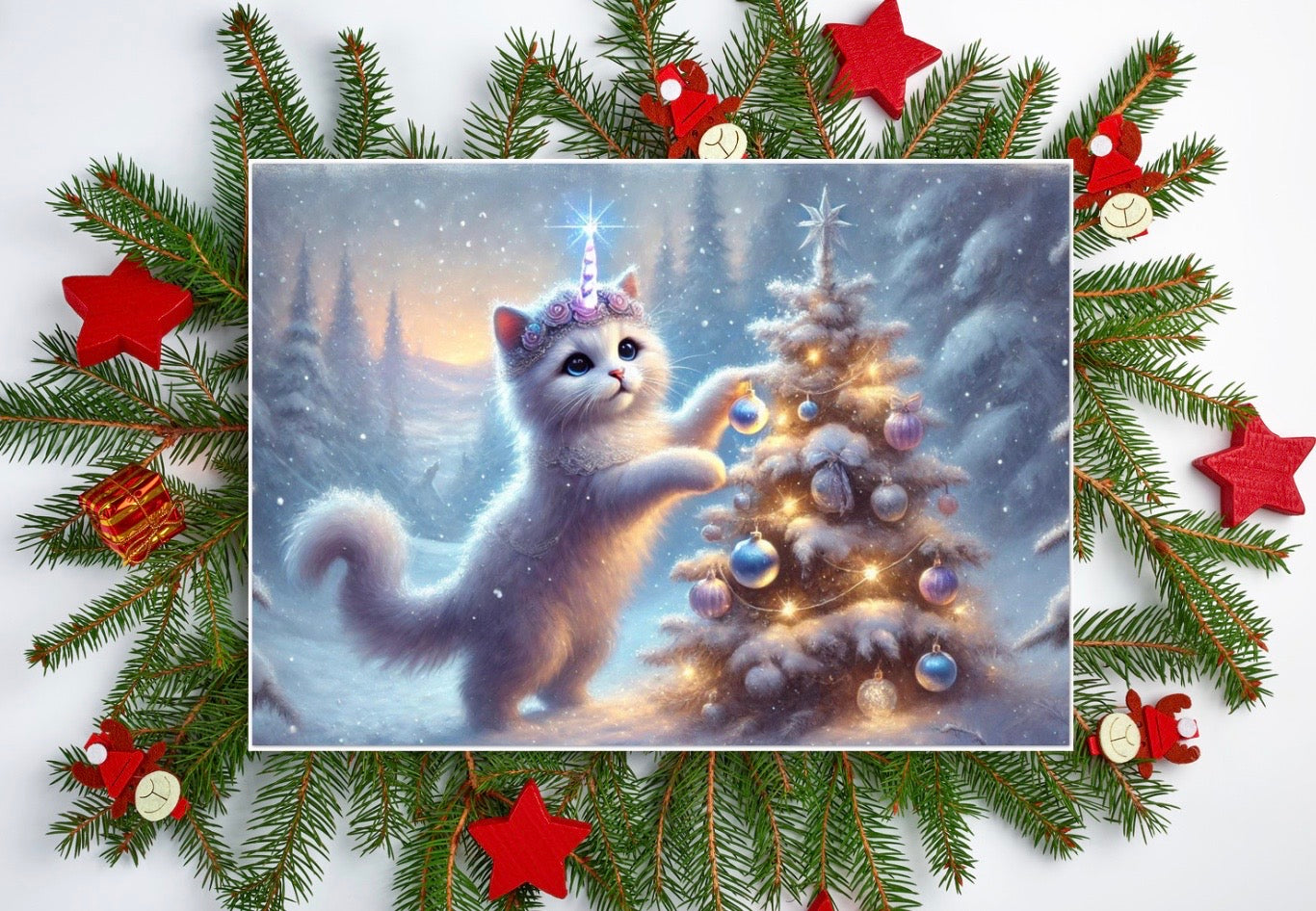 Caticorn Tree Lighting - Cat Unicorn - Pack of 10 Blank Holiday Greeting Cards   