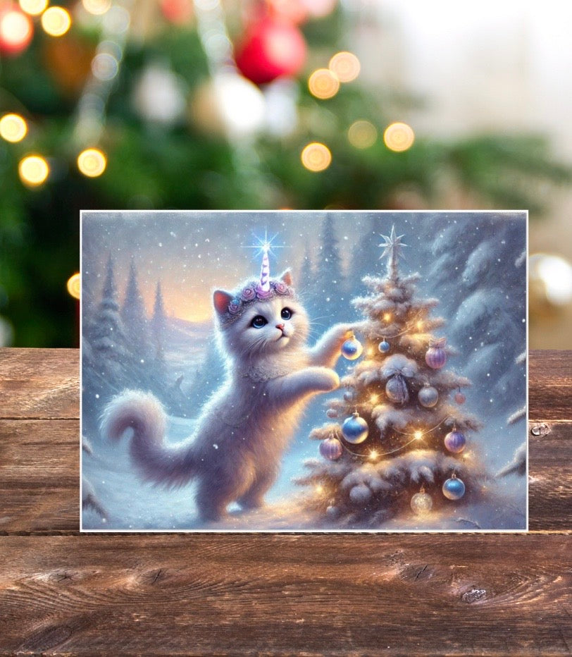 Caticorn Tree Lighting - Cat Unicorn - Pack of 10 Blank Holiday Greeting Cards   