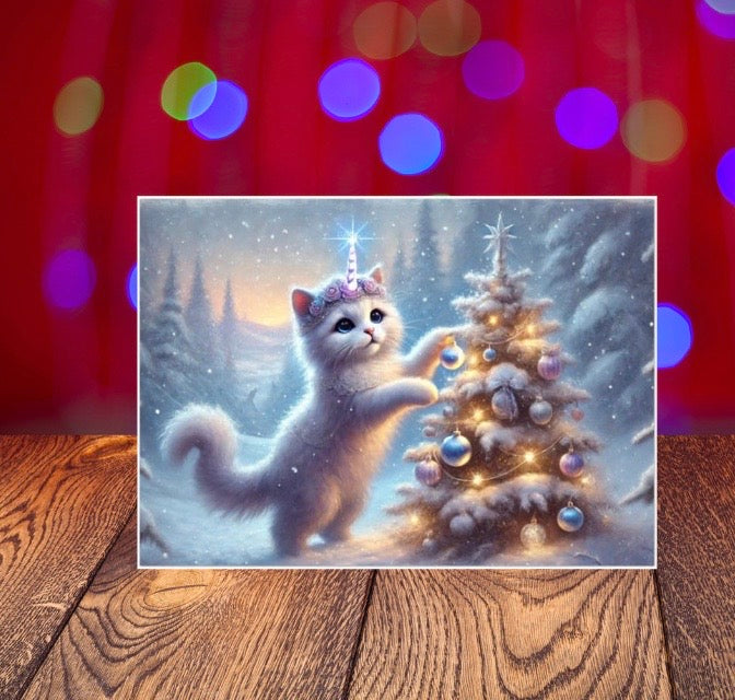 Caticorn Tree Lighting - Cat Unicorn - Pack of 10 Blank Holiday Greeting Cards   