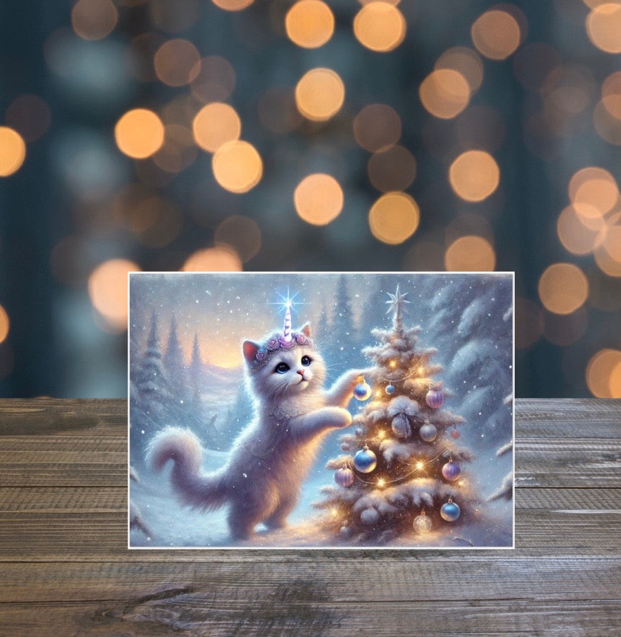 Caticorn Tree Lighting - Cat Unicorn - Pack of 10 Blank Holiday Greeting Cards   