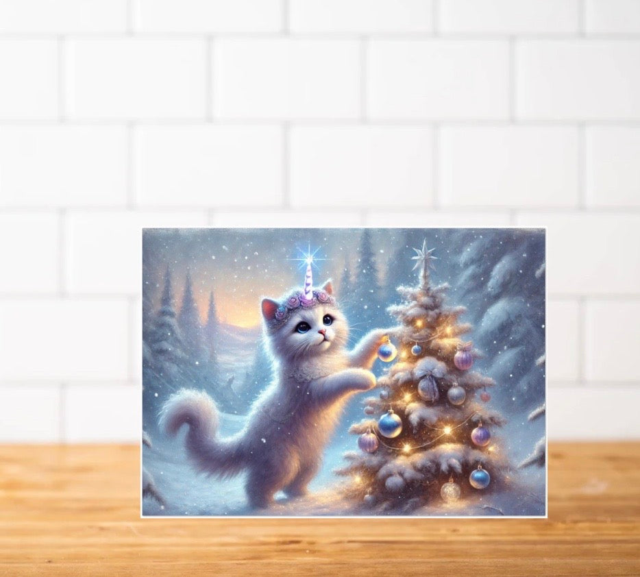 Caticorn Tree Lighting - Cat Unicorn - Pack of 10 Blank Holiday Greeting Cards   