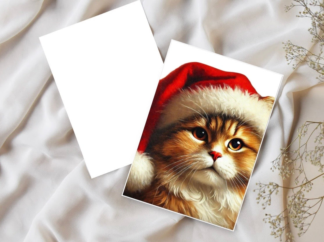 Santa Cat - Pack of 10 Blank Holiday Greeting Cards   