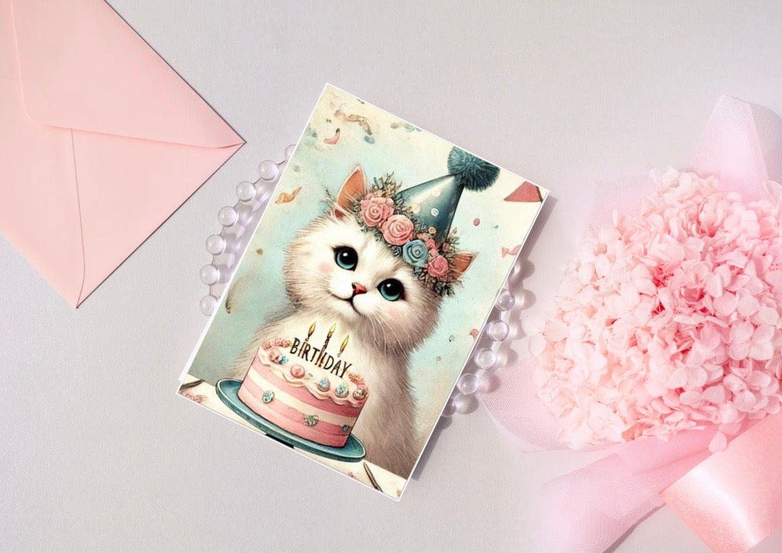 Vintage Cat Lover - Pack of 10 Blank Birthday Greeting Cards   