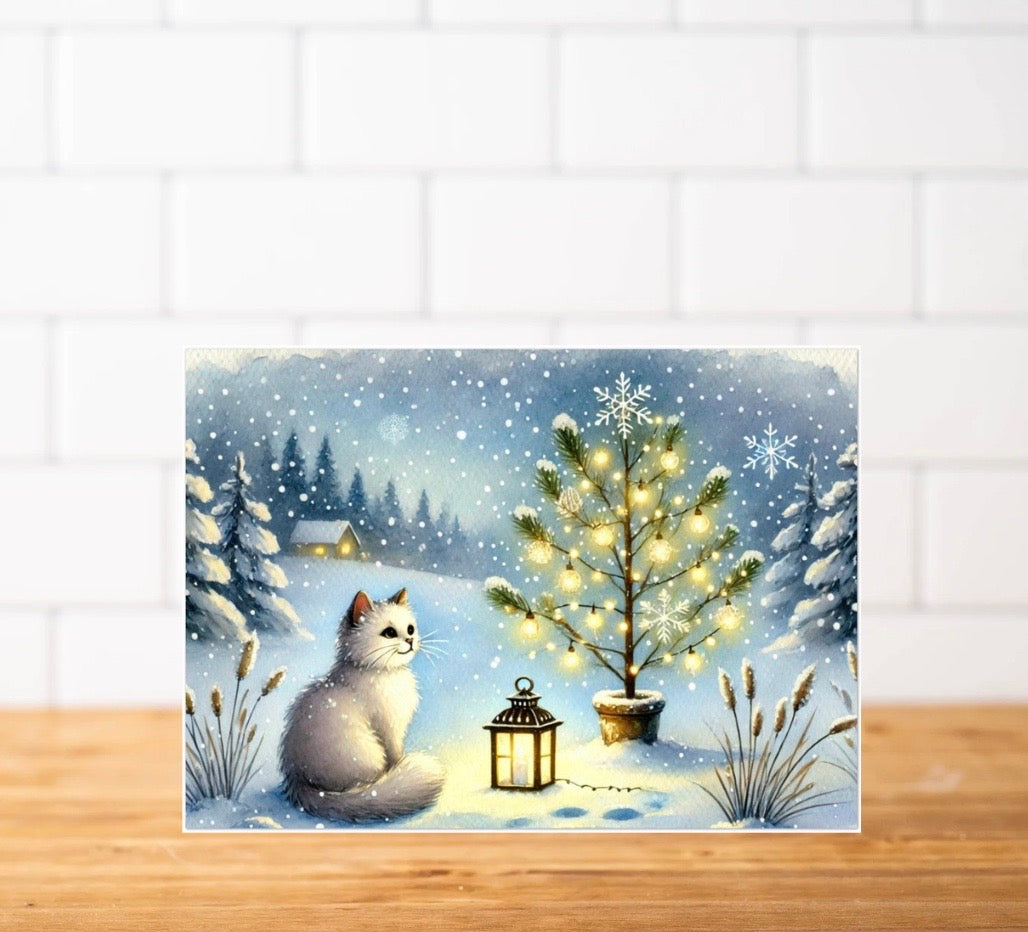 Tree Lighting - Cat Lover - Pack of 10 Blank Holiday Greeting Cards   