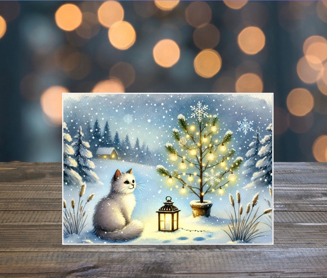 Tree Lighting - Cat Lover - Pack of 10 Blank Holiday Greeting Cards   