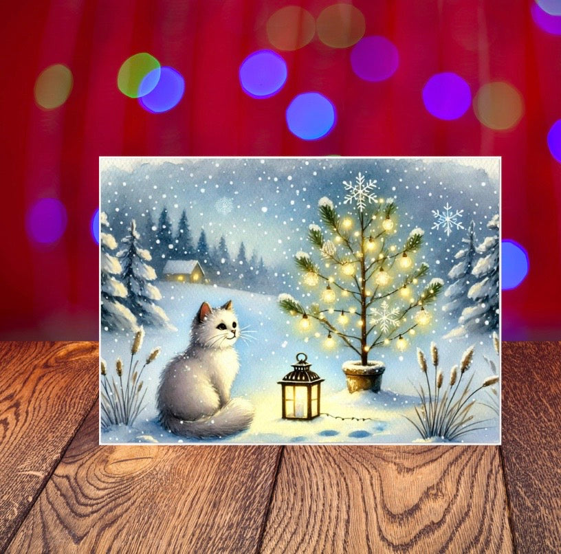 Tree Lighting - Cat Lover - Pack of 10 Blank Holiday Greeting Cards   