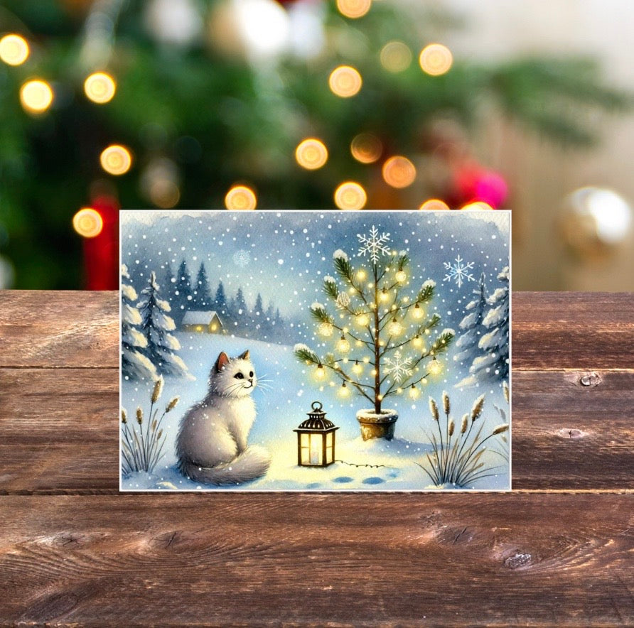 Tree Lighting - Cat Lover - Pack of 10 Blank Holiday Greeting Cards   