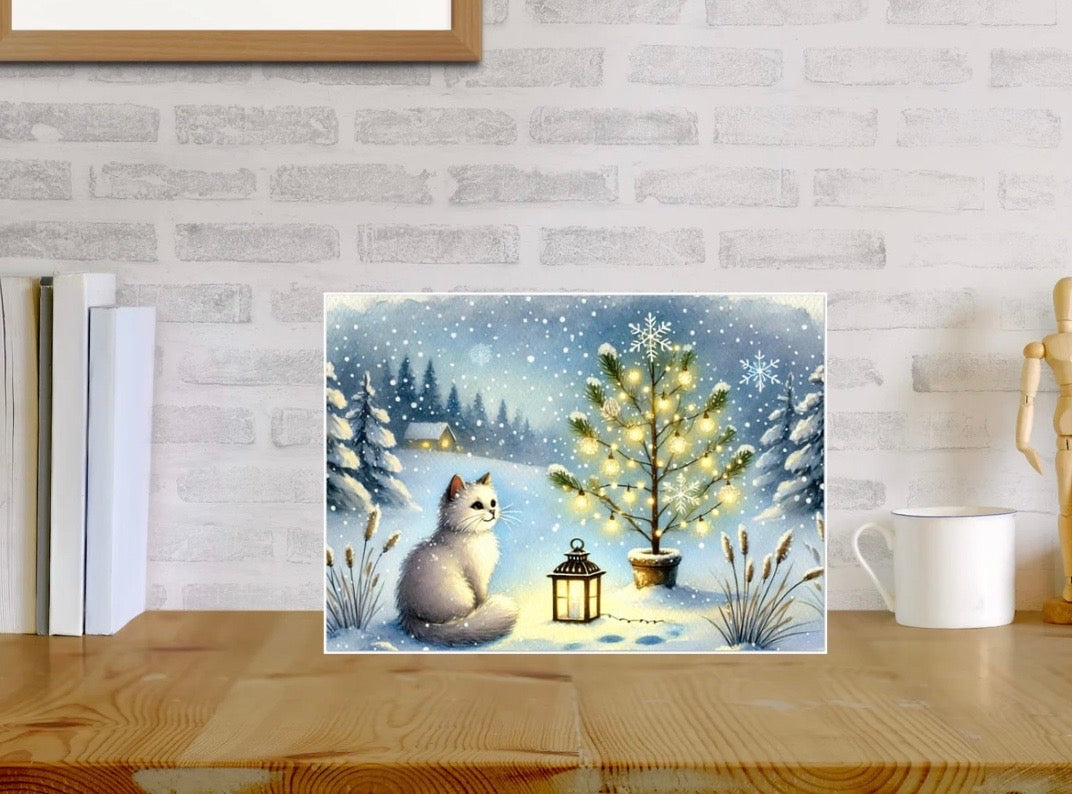 Tree Lighting - Cat Lover - Pack of 10 Blank Holiday Greeting Cards   